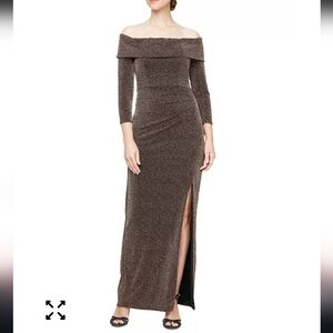 $199 Alex Evenings Women Metallic-Knit Off-The-Shoulder Dress Sz 16 Wedding FLAW